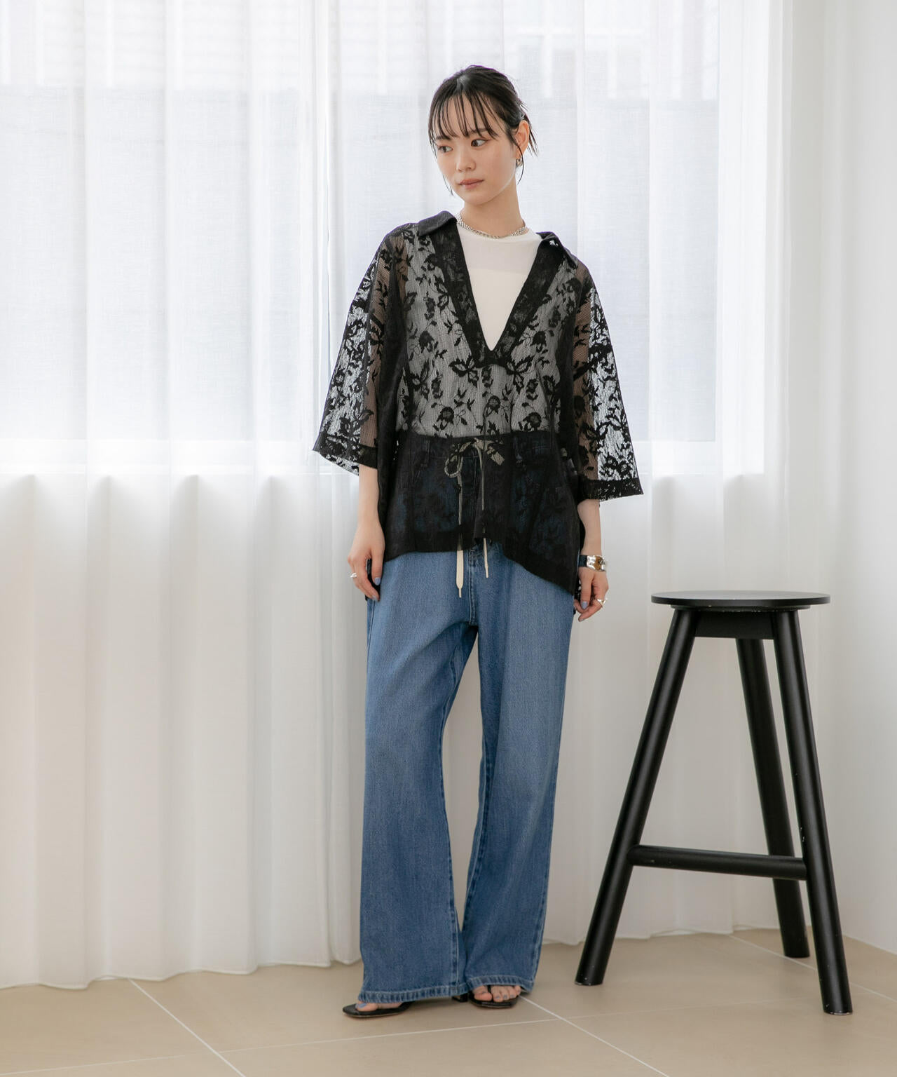 WEB限定/フラワーレーススキッパープルオーバーシャツ