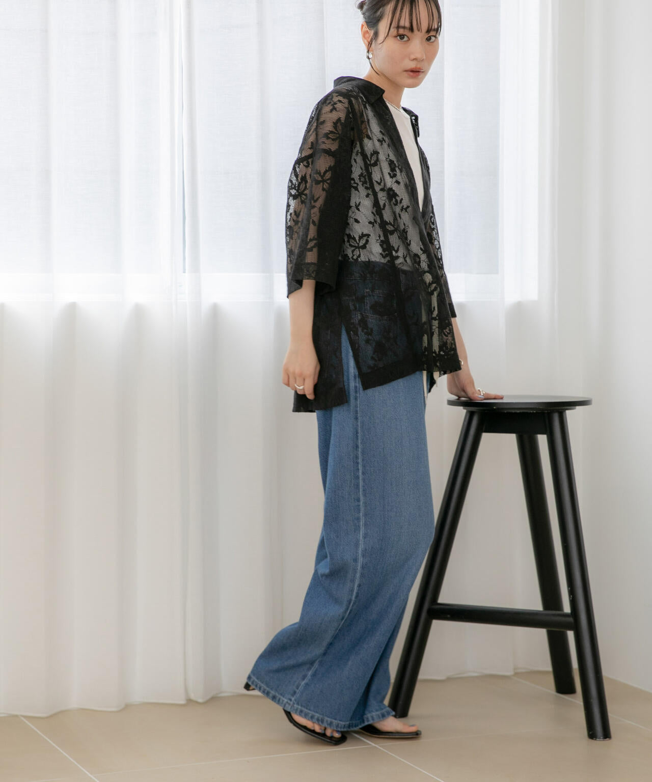 WEB限定/フラワーレーススキッパープルオーバーシャツ