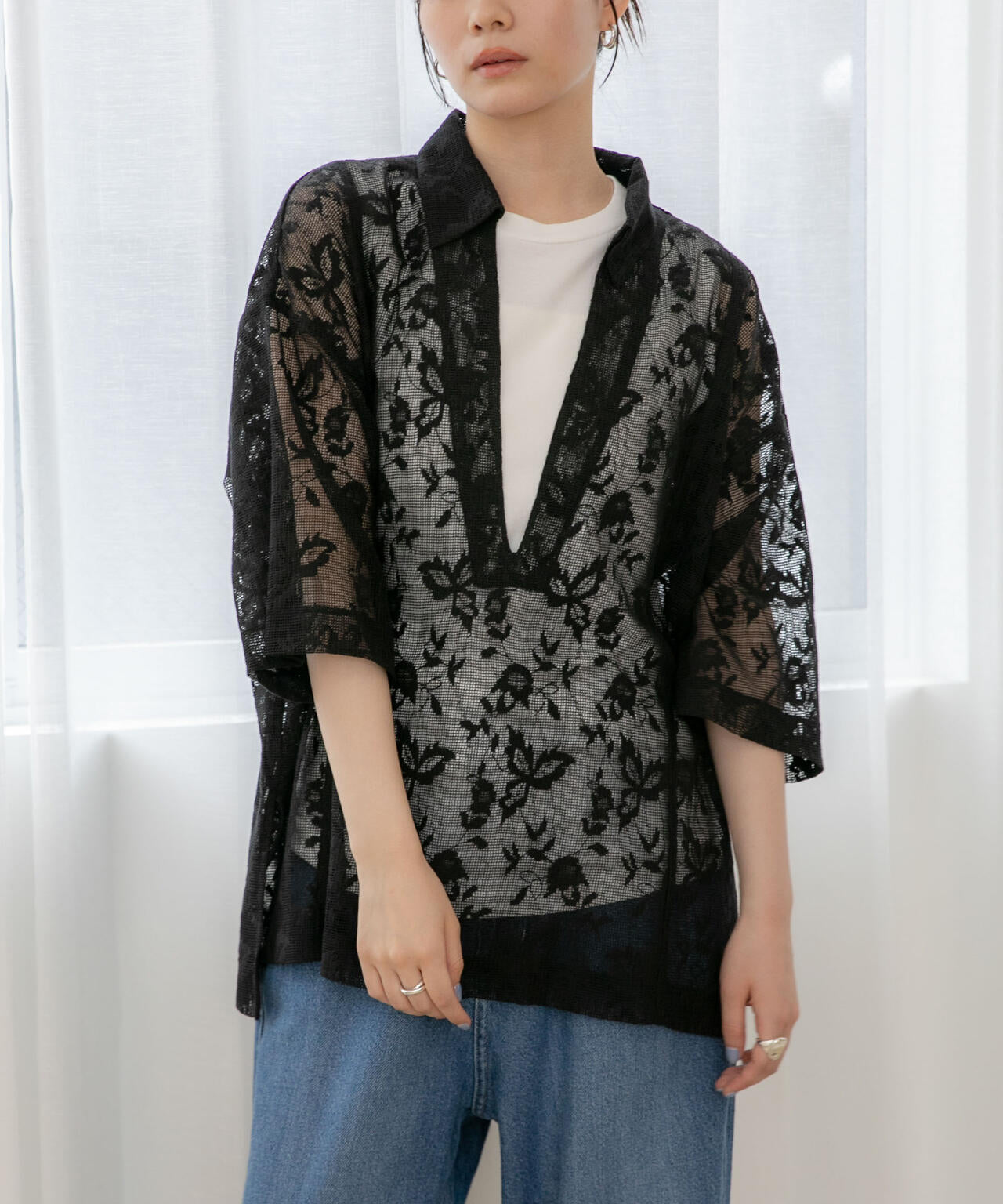WEB限定/フラワーレーススキッパープルオーバーシャツ