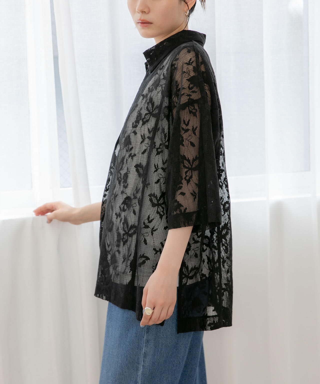 WEB限定/フラワーレーススキッパープルオーバーシャツ