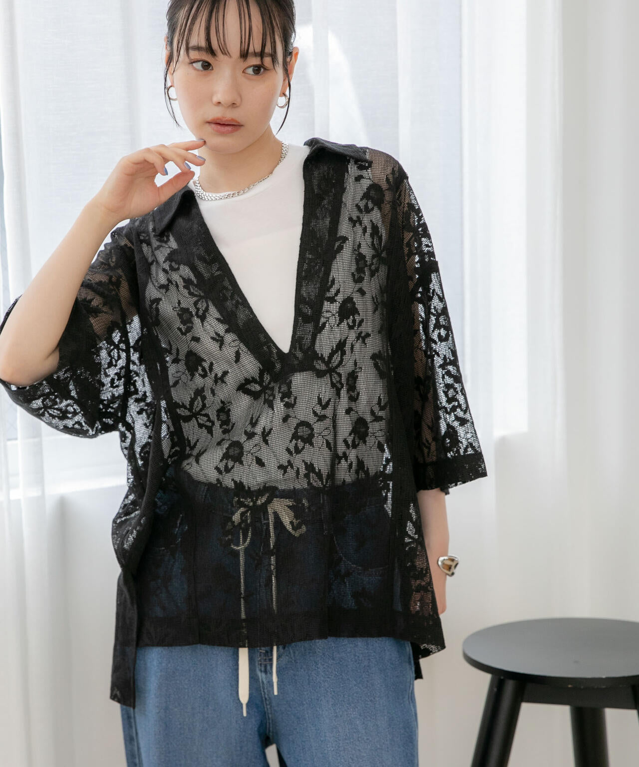 WEB限定/フラワーレーススキッパープルオーバーシャツ