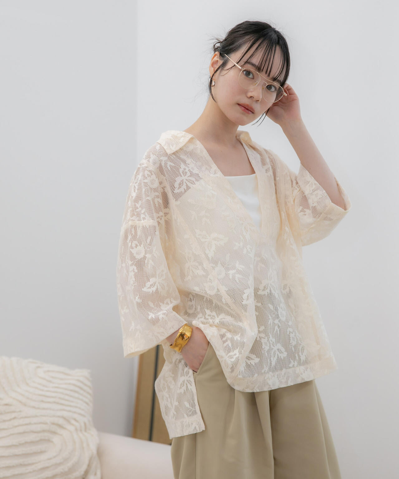 WEB限定/フラワーレーススキッパープルオーバーシャツ