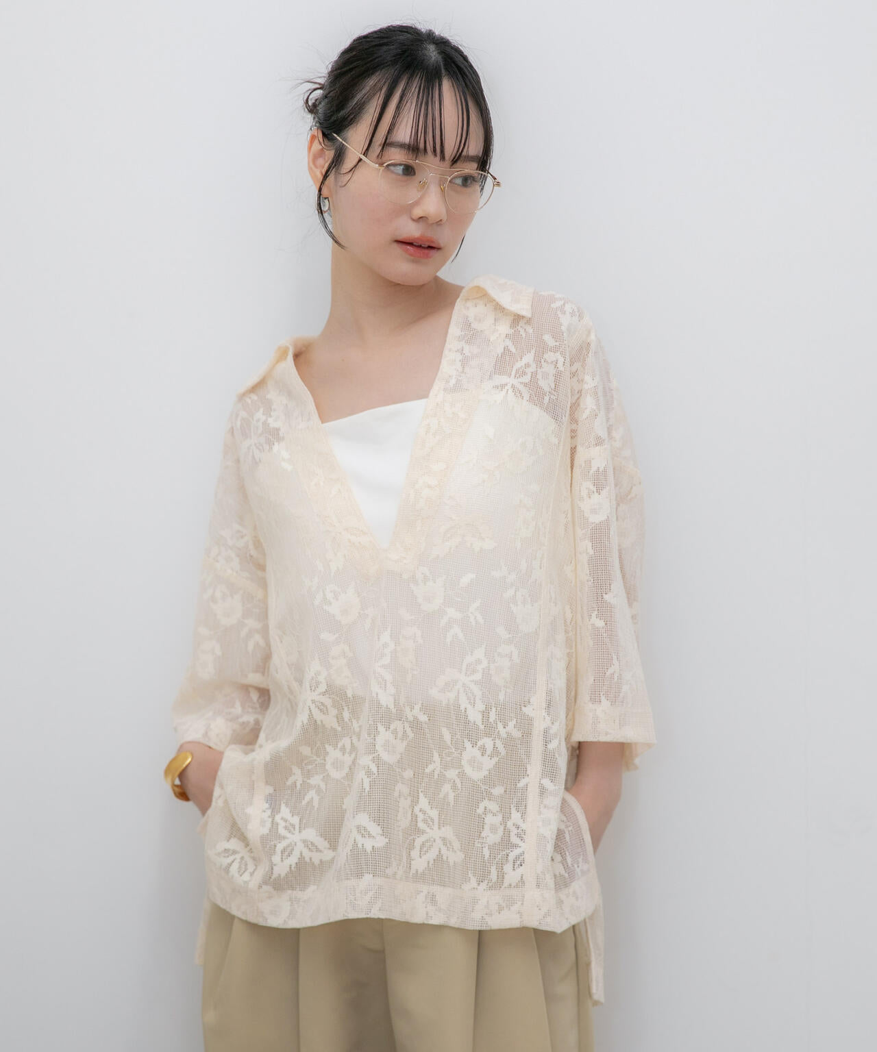 WEB限定/フラワーレーススキッパープルオーバーシャツ