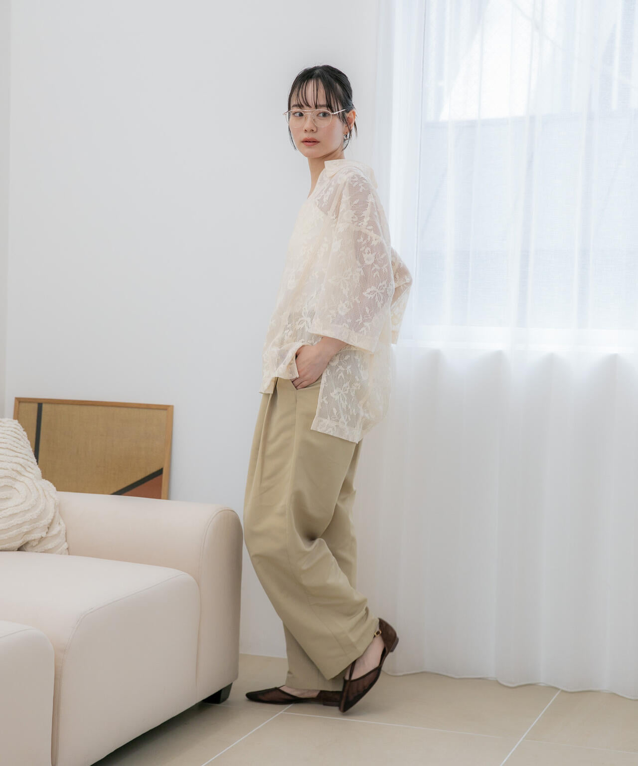 WEB限定/フラワーレーススキッパープルオーバーシャツ
