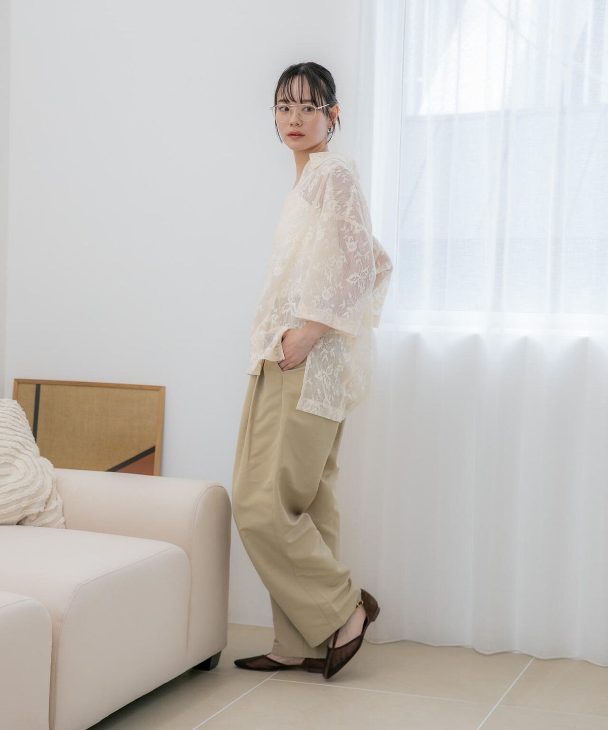 WEB限定/フラワーレーススキッパープルオーバーシャツ