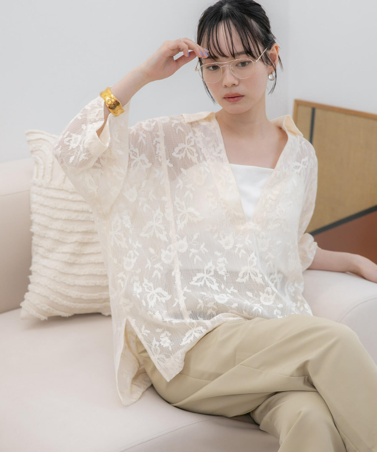 WEB限定/フラワーレーススキッパープルオーバーシャツ