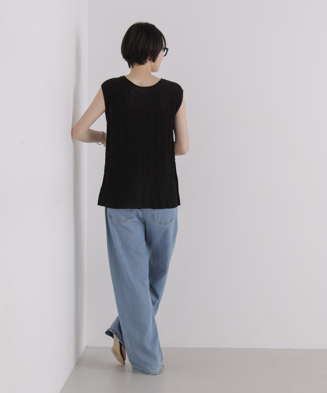 前後2way楊柳ライクニット多ボタンノースリーブトップス(セットアップ可)