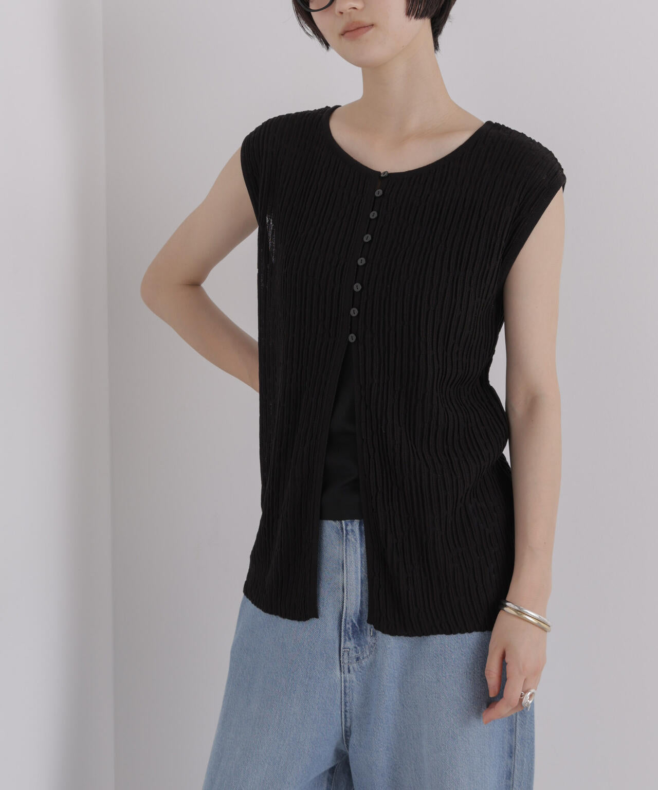 前後2way楊柳ライクニット多ボタンノースリーブトップス(セットアップ可)
