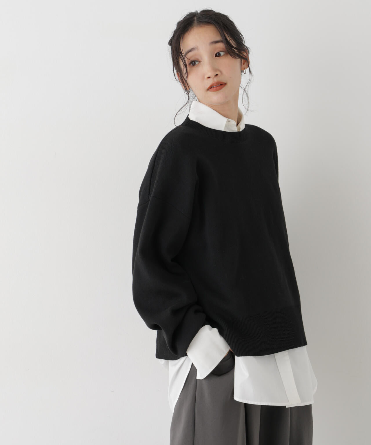 毛玉ができにくいニット クルーネックワイドトップス(セットアップ可)