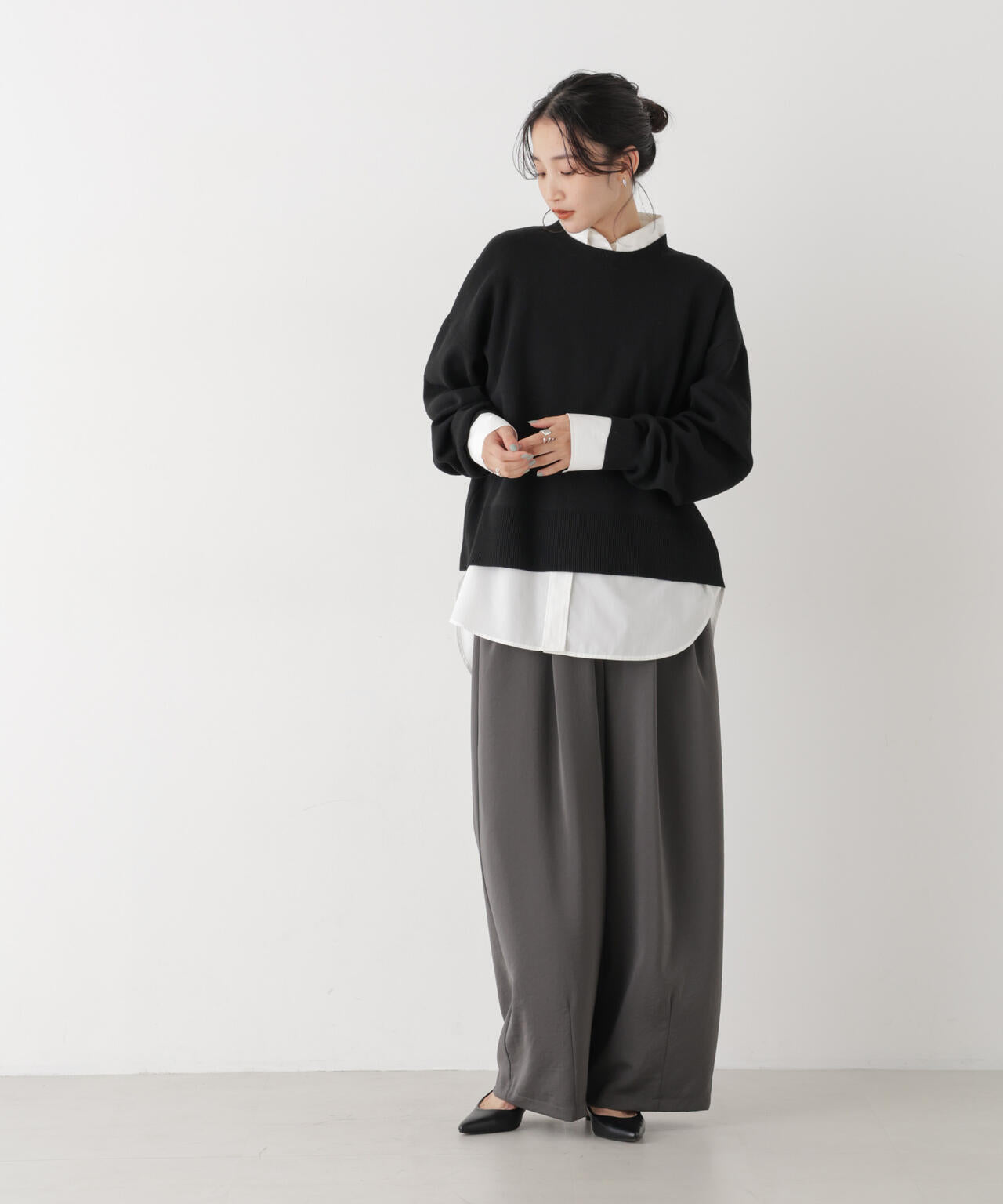 毛玉ができにくいニット クルーネックワイドトップス(セットアップ可)
