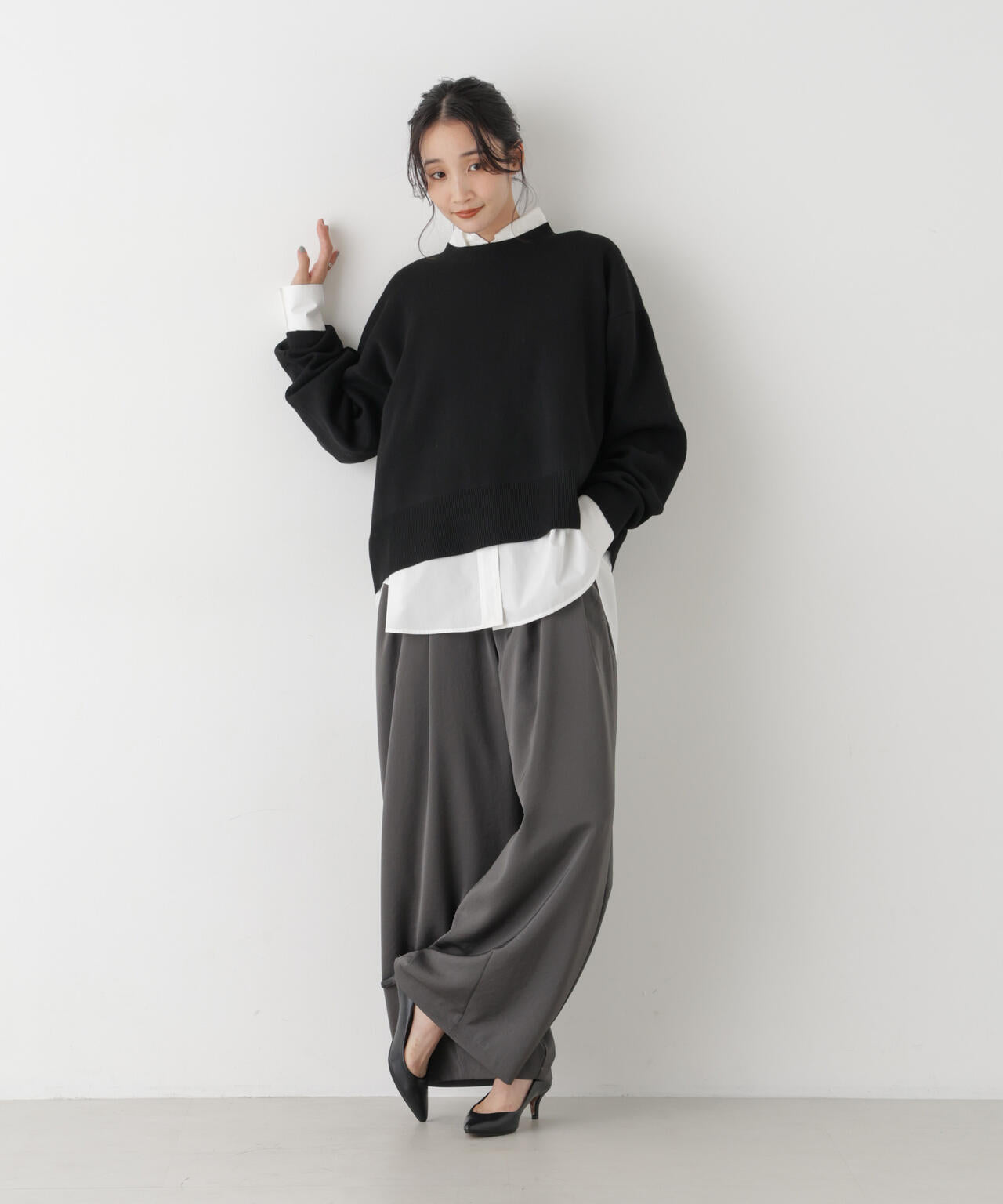毛玉ができにくいニット クルーネックワイドトップス(セットアップ可)