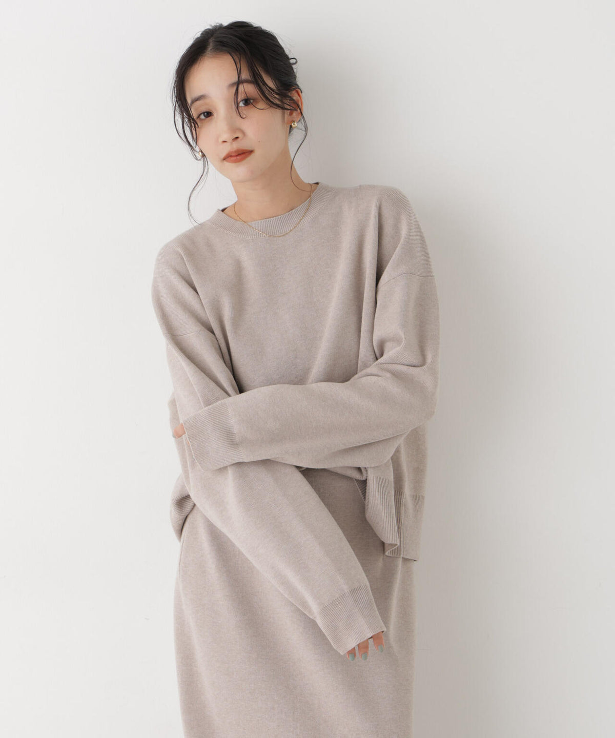 毛玉ができにくいニット クルーネックワイドトップス(セットアップ可)