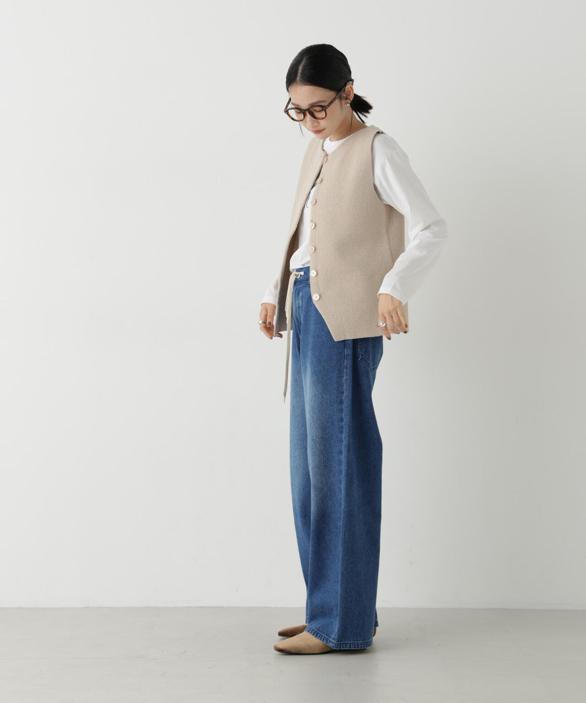ミニブークレ総針編みクルーニットベスト(セットアップ可)