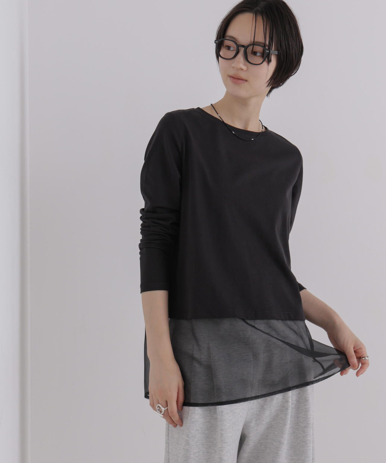 オーガンジーヘム切り替えロングスリーブTシャツ