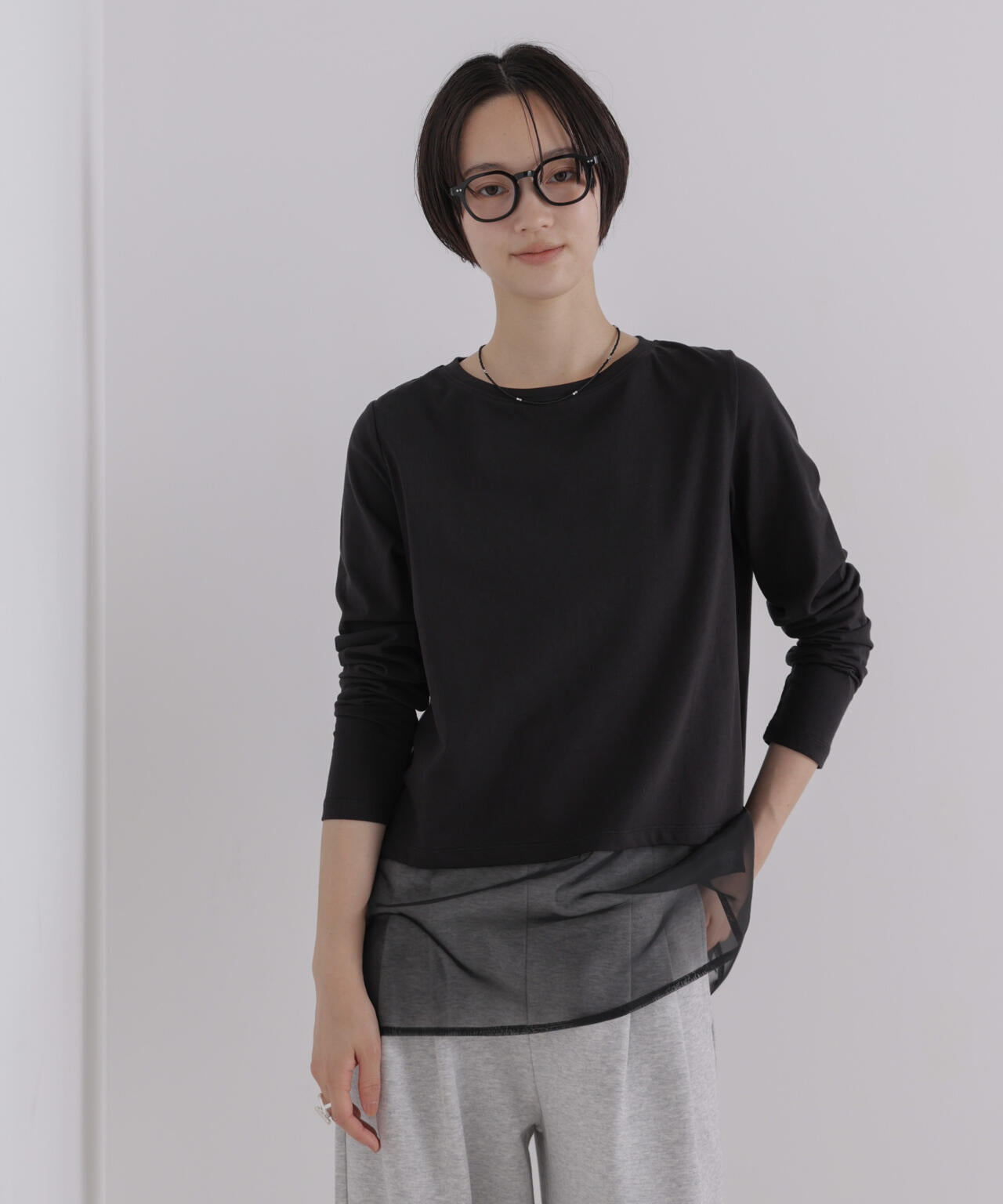 オーガンジーヘム切り替えロングスリーブTシャツ
