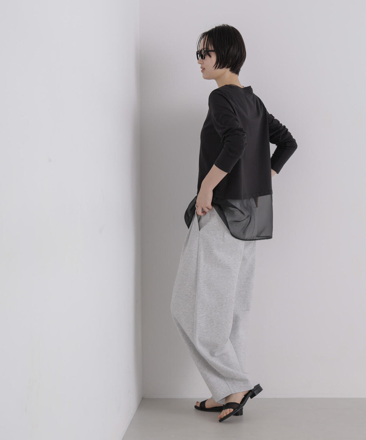 オーガンジーヘム切り替えロングスリーブTシャツ