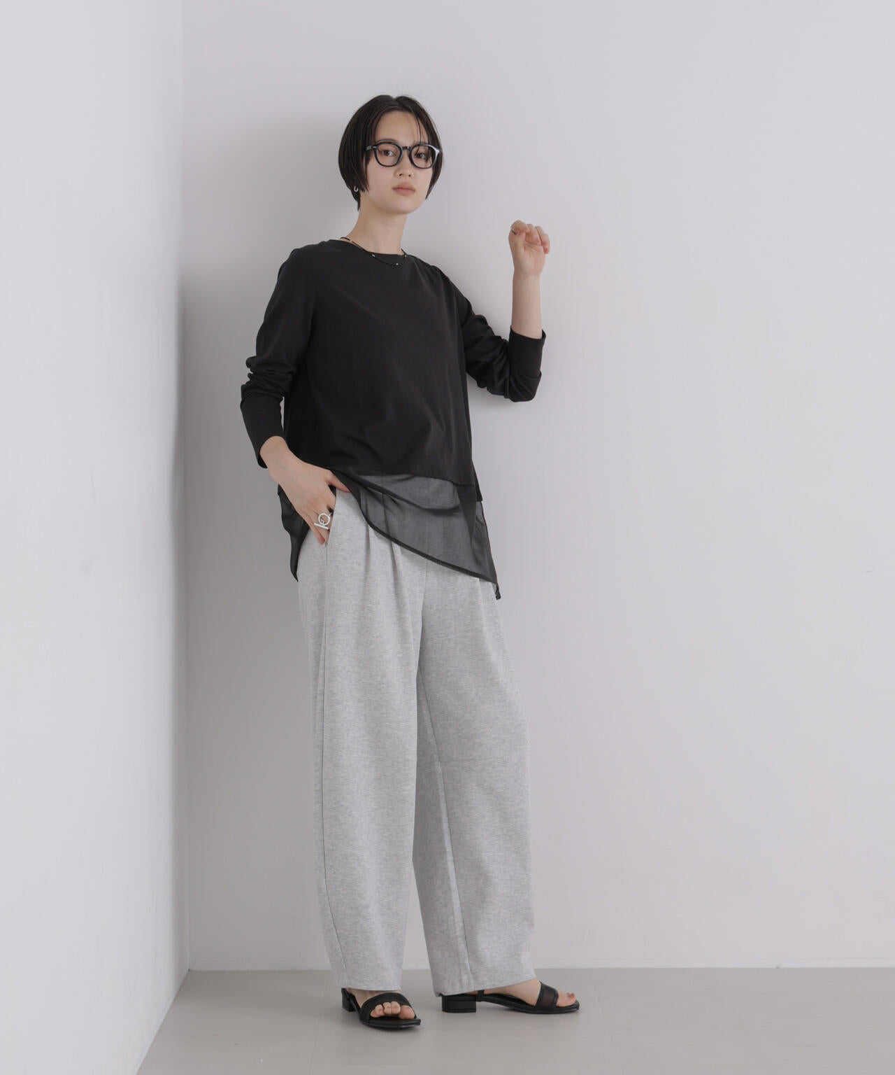 オーガンジーヘム切り替えロングスリーブTシャツ