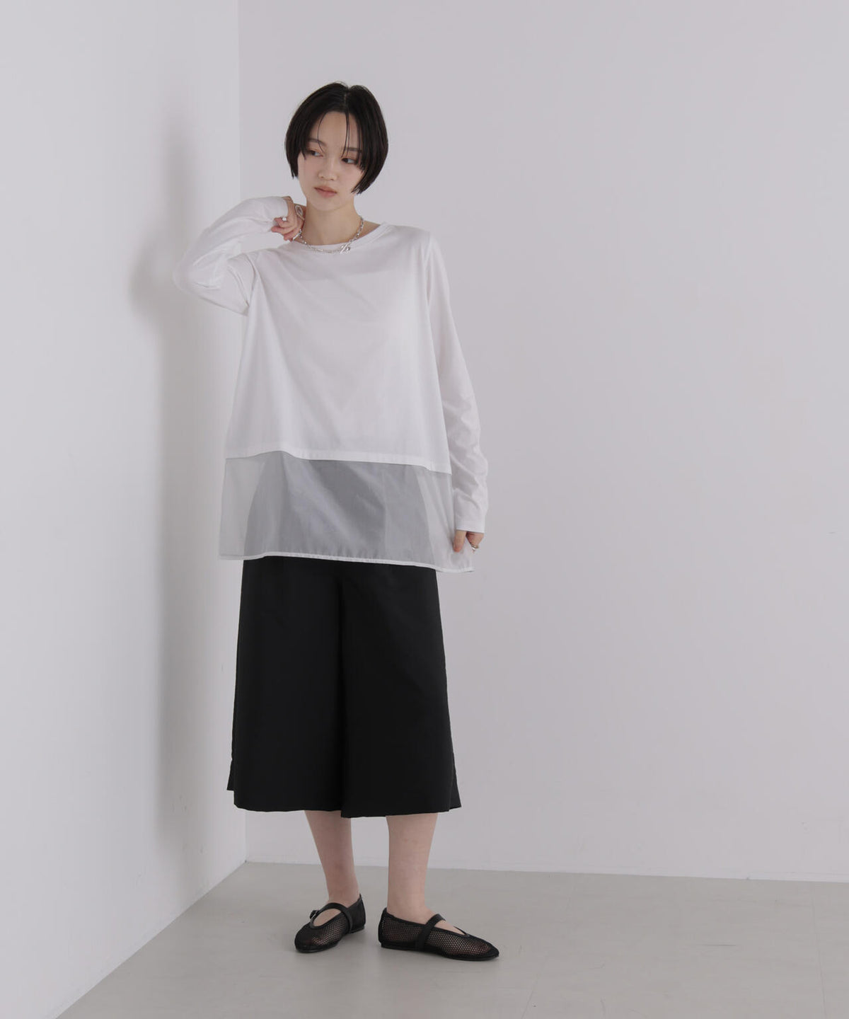 オーガンジーヘム切り替えロングスリーブTシャツ