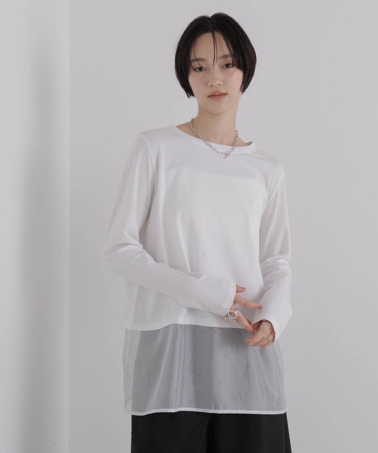 オーガンジーヘム切り替えロングスリーブTシャツ