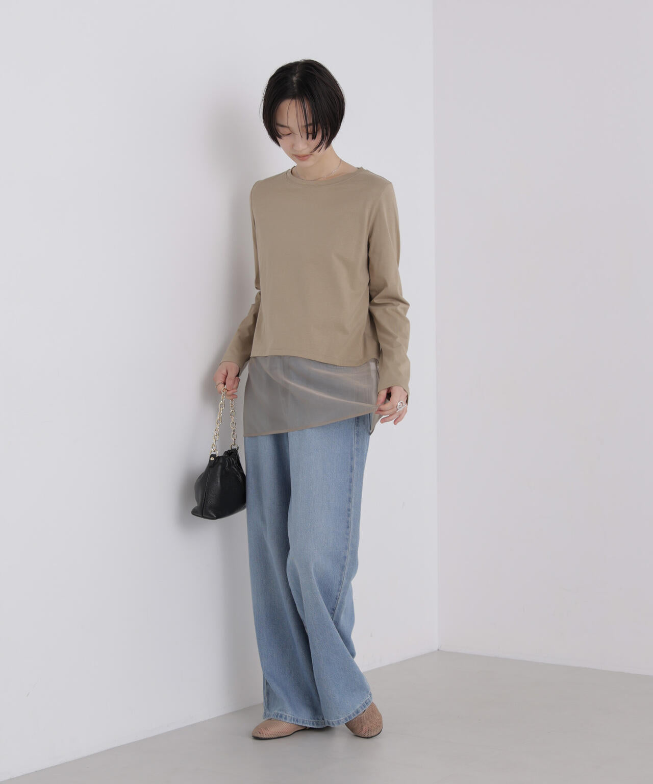 オーガンジーヘム切り替えロングスリーブTシャツ