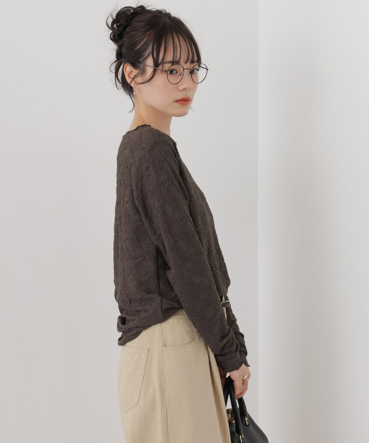 ウェーブジャガードカットメローロングスリーブトップス