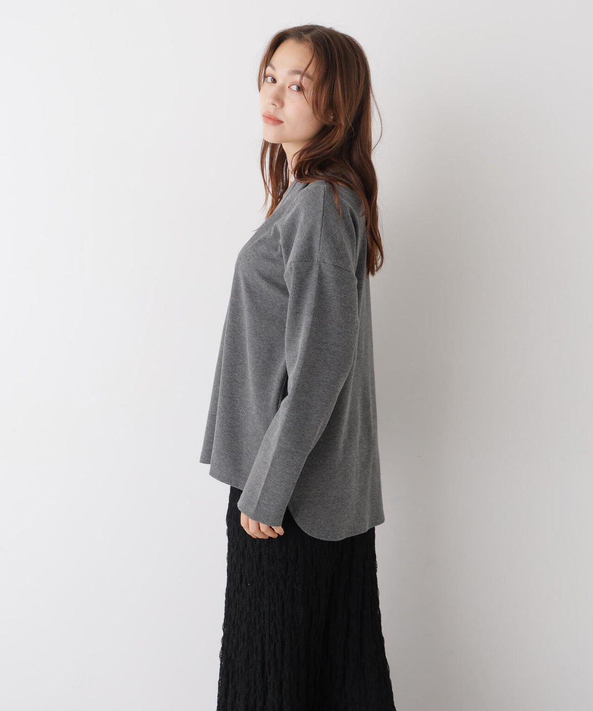 フェイクレイヤードワッフルカットトップス