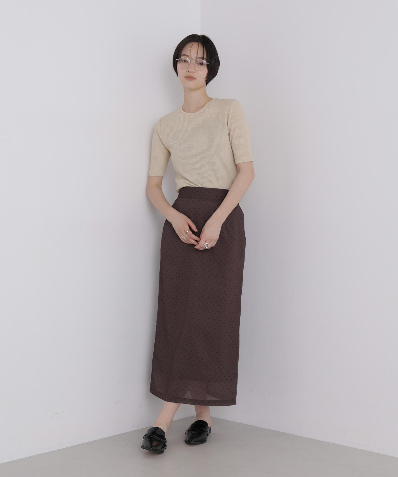 ソフトシアーリブクルーネック半袖トップス