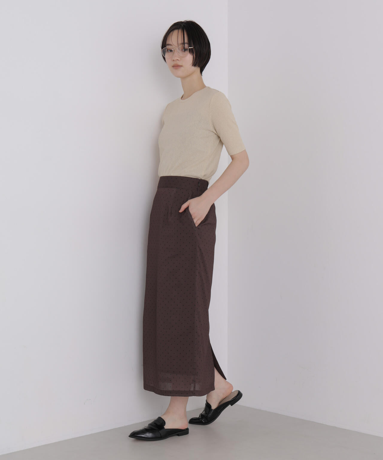 ソフトシアーリブクルーネック半袖トップス