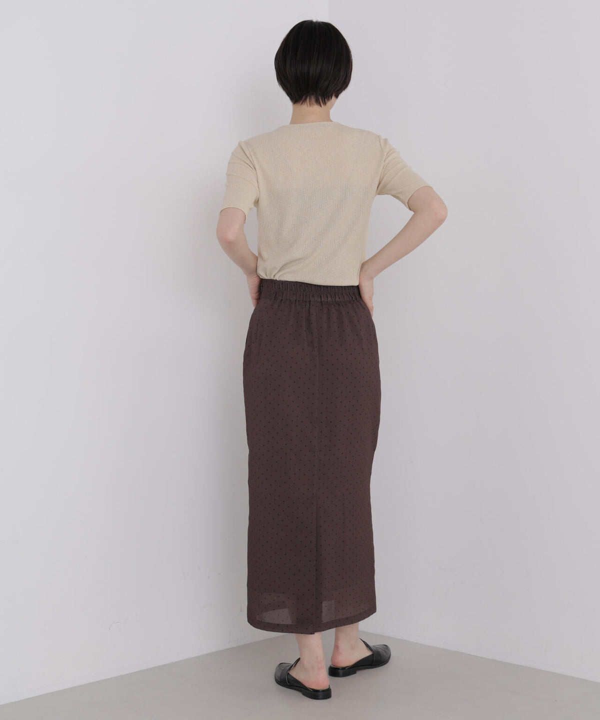 ソフトシアーリブクルーネック半袖トップス