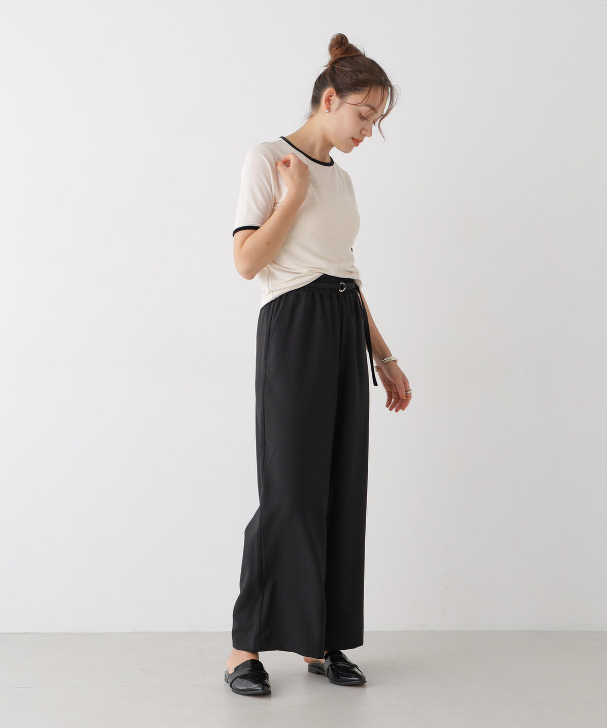 ベルト付きツイルワイドパンツ(セットアップ可)