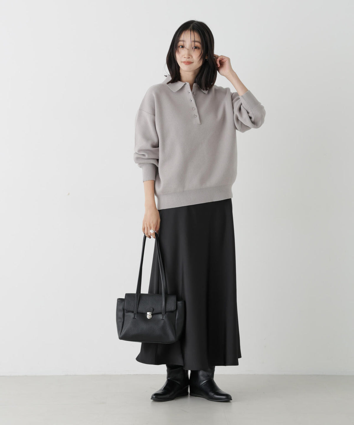 スクエアフラップロングショルダーボストンバッグ