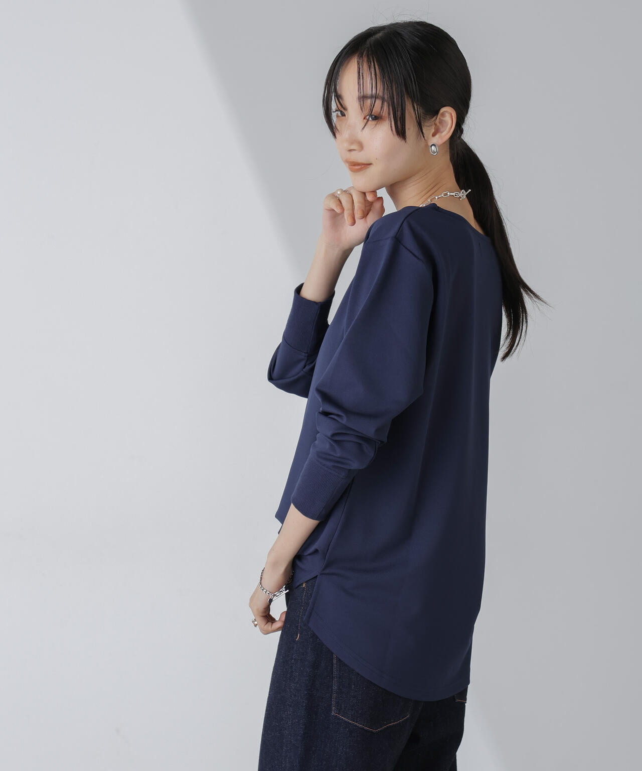 WEB限定/リブ付きれい見えジョーゼットカットソー