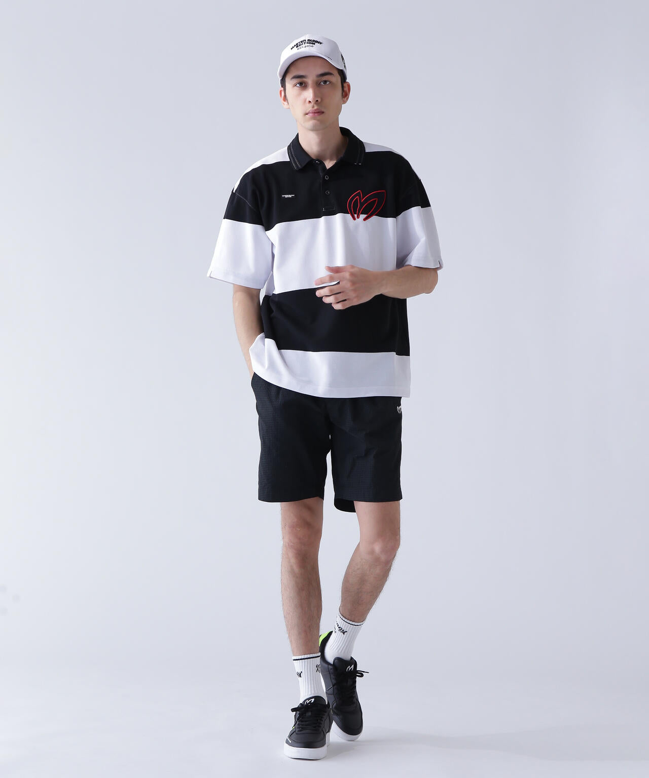 切替タックカノコパネルボーダー半袖ポロシャツ