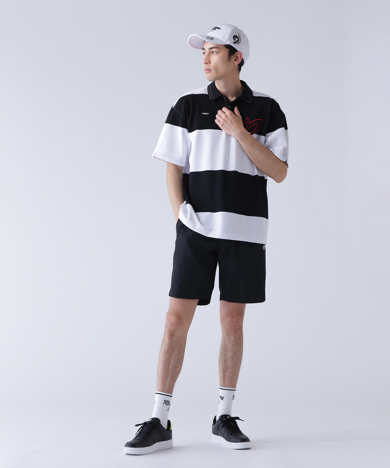 切替タックカノコパネルボーダー半袖ポロシャツ