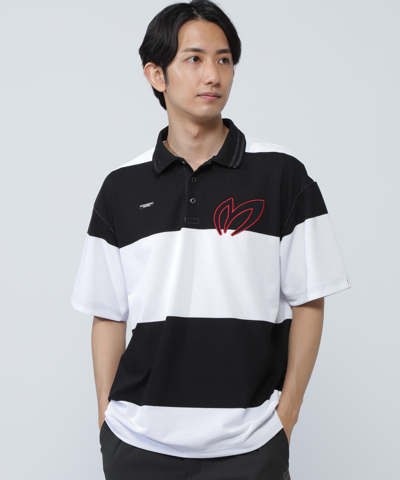 切替タックカノコパネルボーダー半袖ポロシャツ