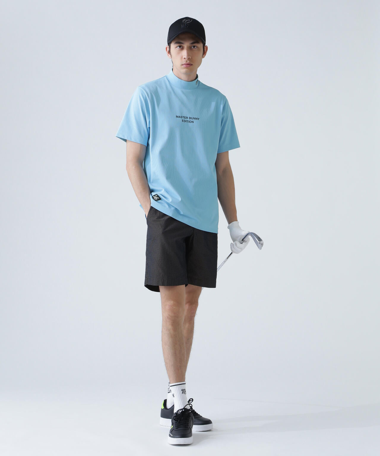 エコブルードビーワッフル半袖モックネックカットソー