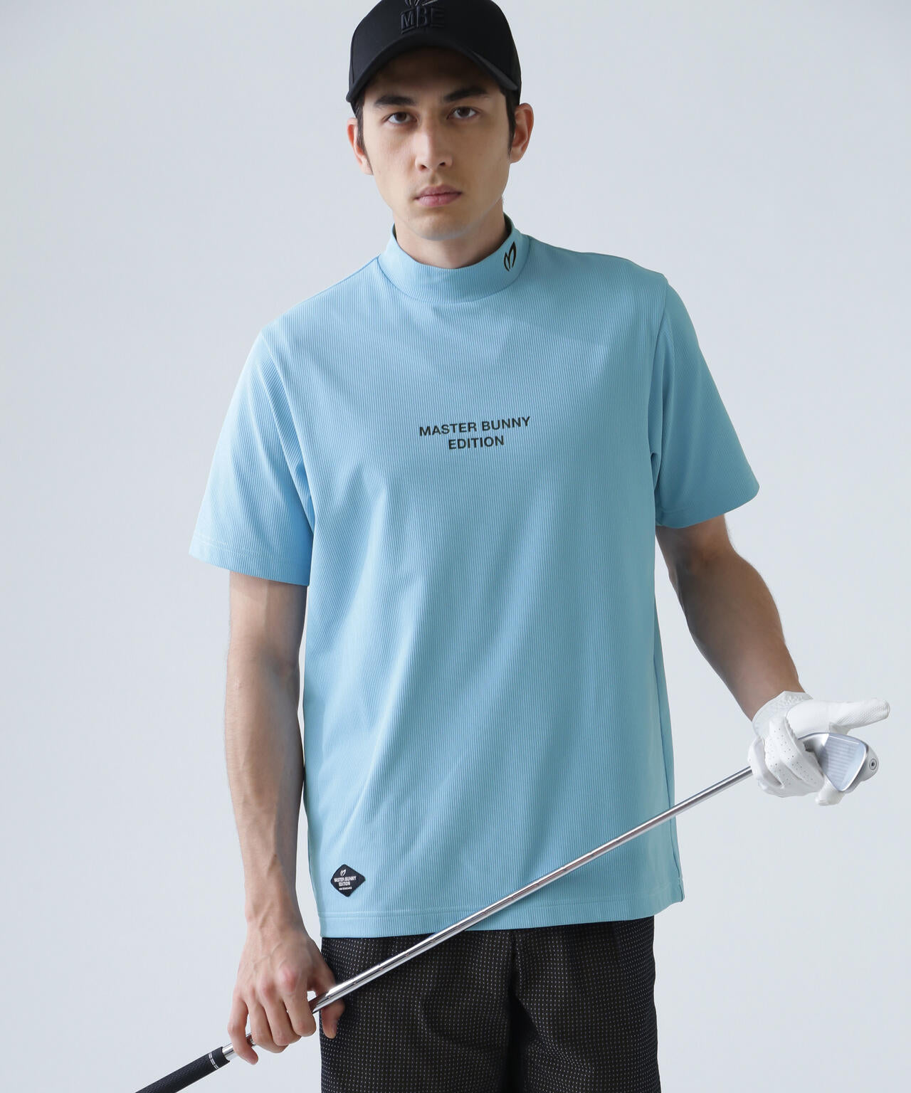 エコブルードビーワッフル半袖モックネックカットソー