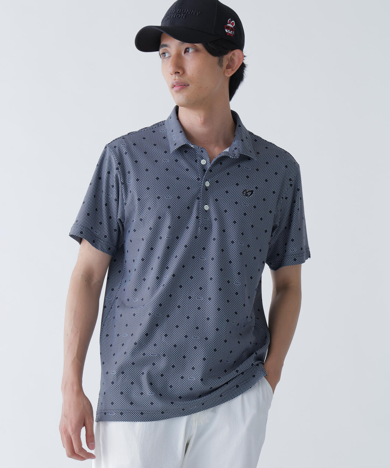 メッシュトリコットプリント半袖ポロシャツ