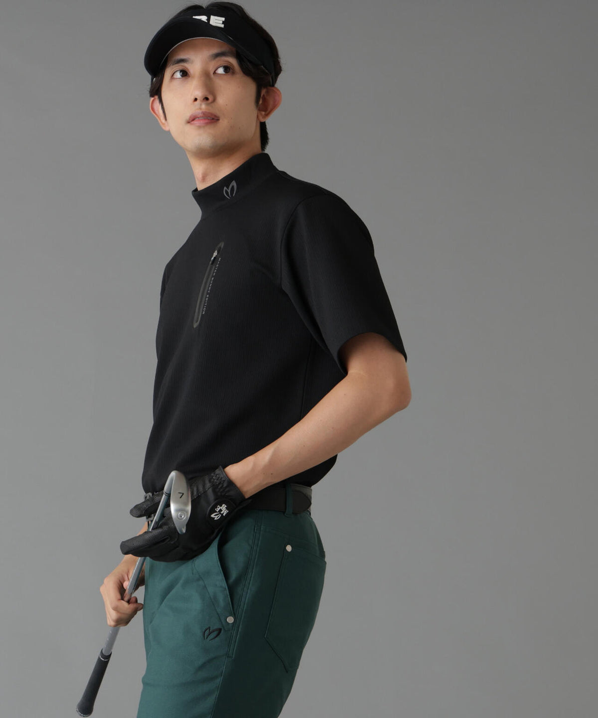 へリンボンストライプ半袖モックネックシャツ (MENS)