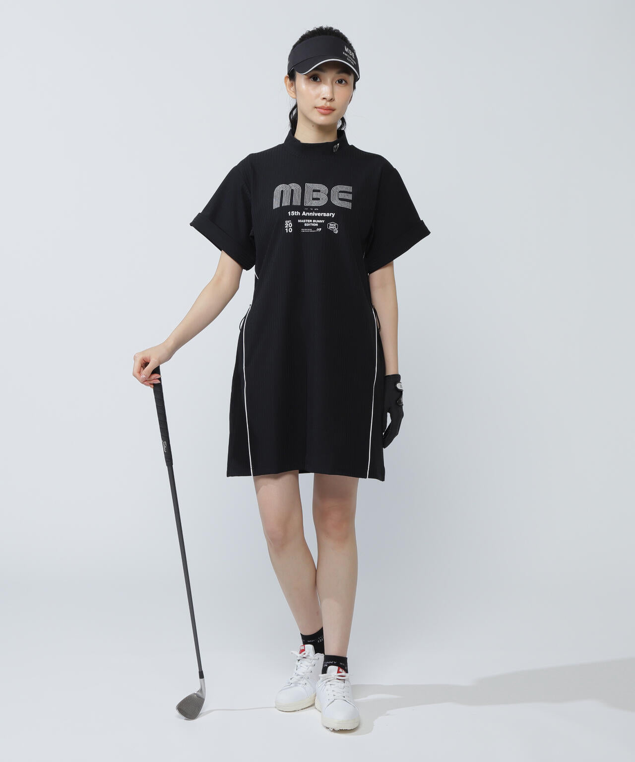 サッカーストライプ半袖モックネックワンピース