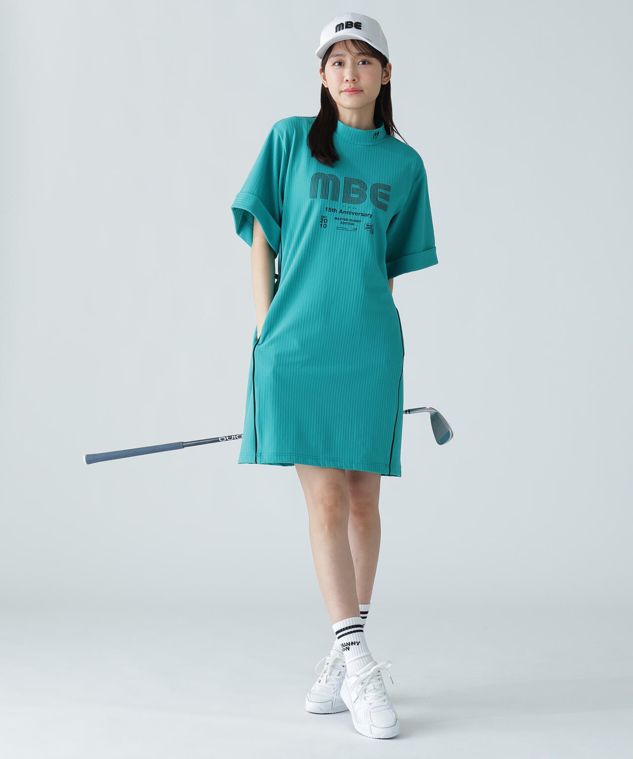 サッカーストライプ半袖モックネックワンピース