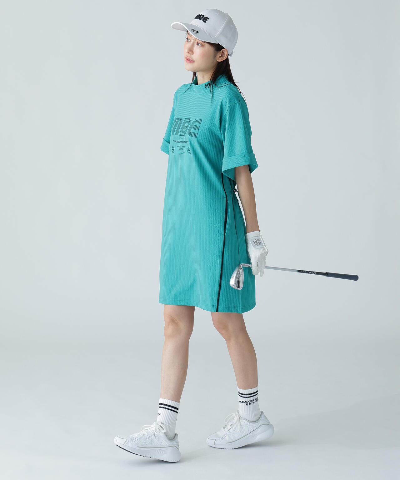 サッカーストライプ半袖モックネックワンピース