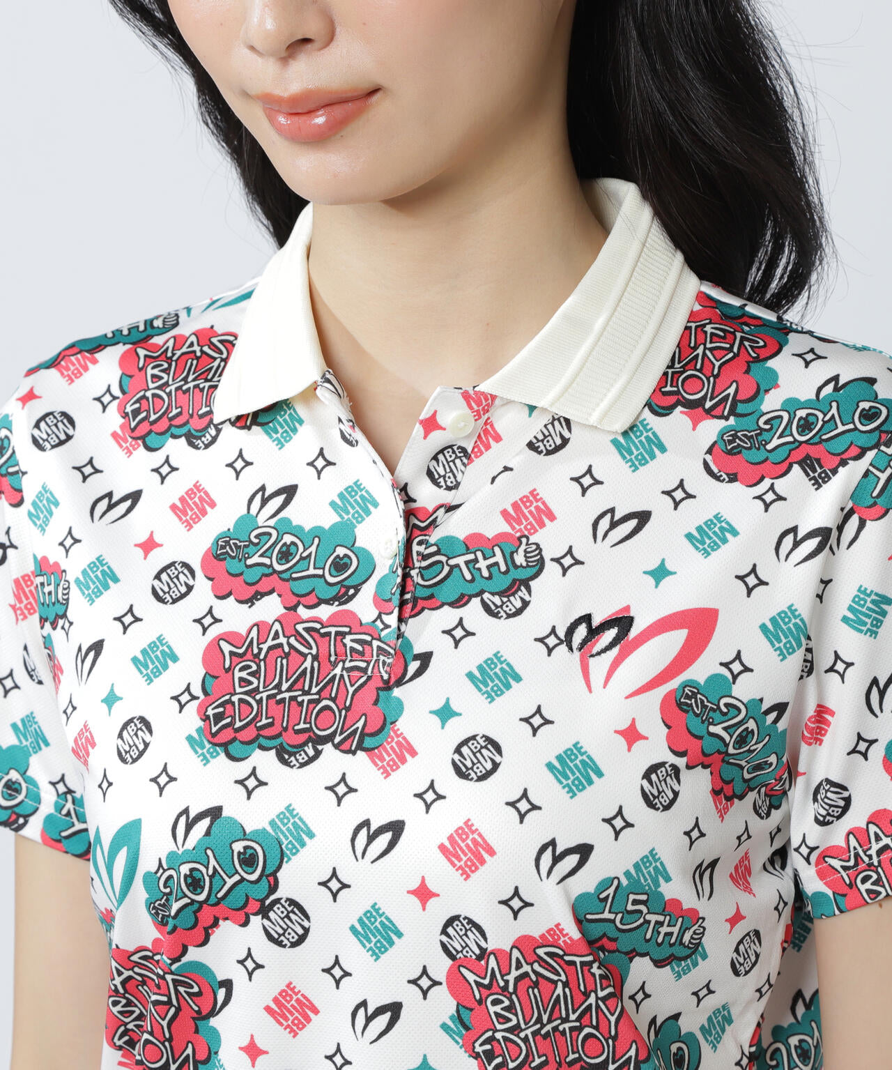 ストレッチメッシュふきだしプリント半袖ポロシャツ