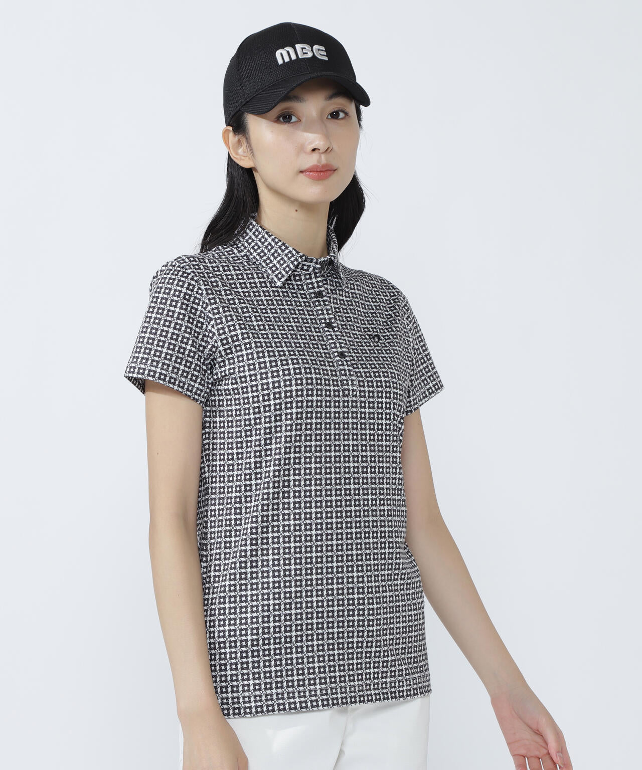 4WAYトリコット千鳥プリント半袖ポロシャツ