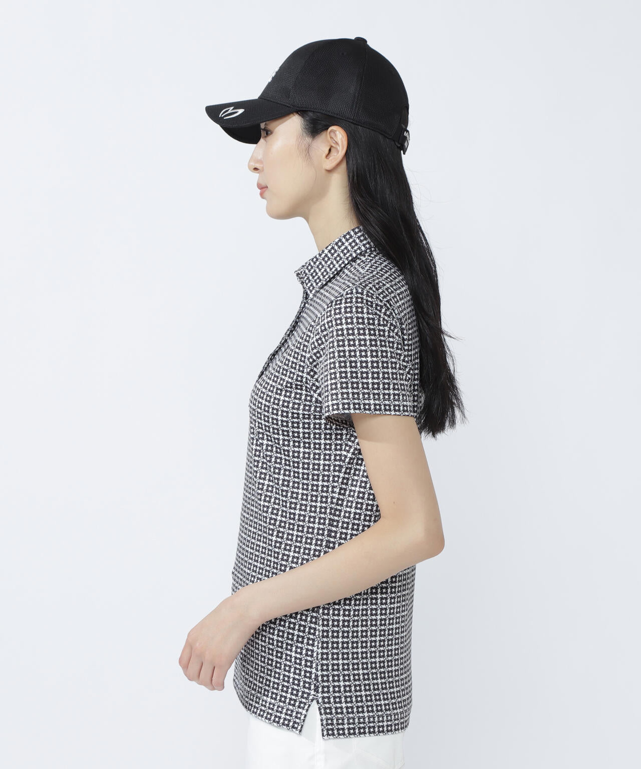 4WAYトリコット千鳥プリント半袖ポロシャツ