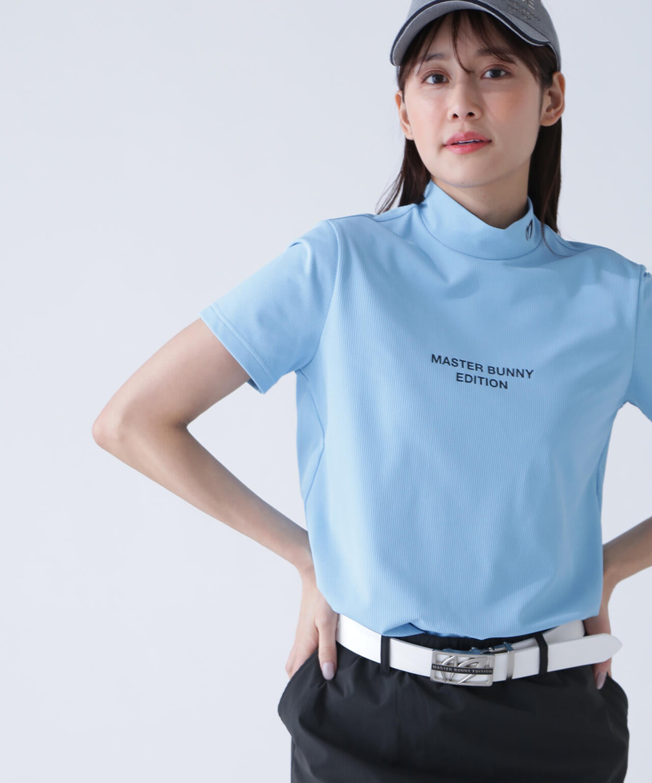 エコブルードビーワッフル半袖モックネックカットソー