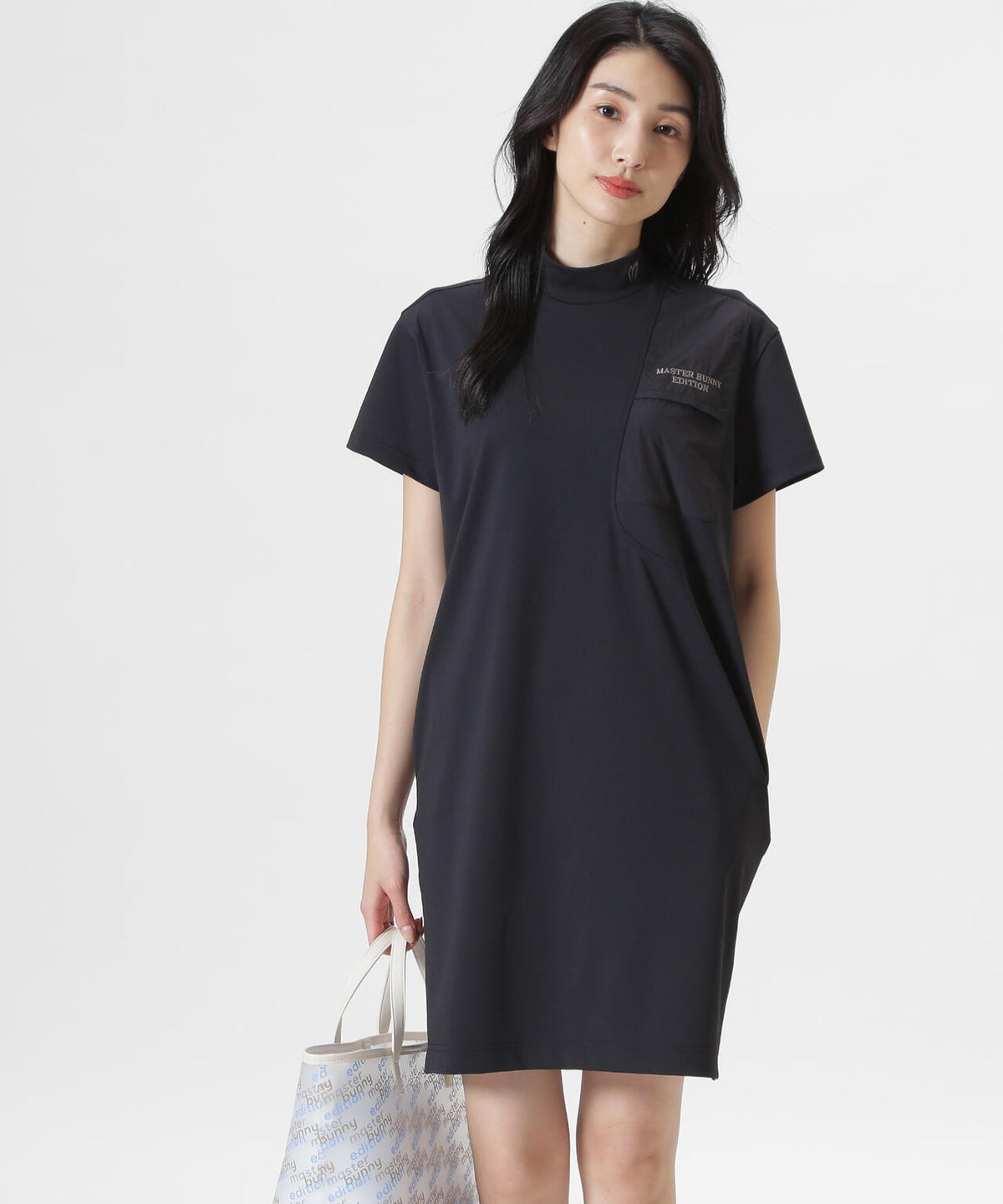 トリコットメッシュ半袖モックネックワンピース (WOMENS)