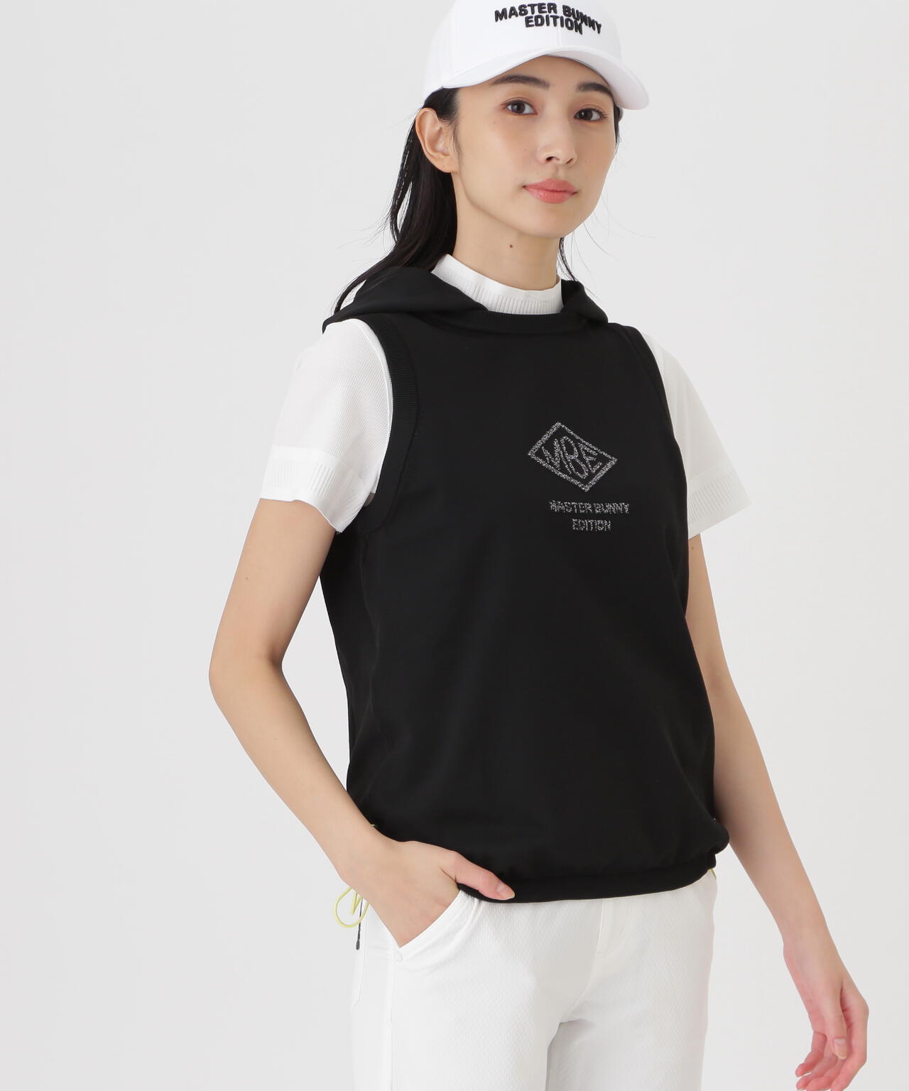 鹿の子編みプルオーバーフーディニットベスト (WOMENS)