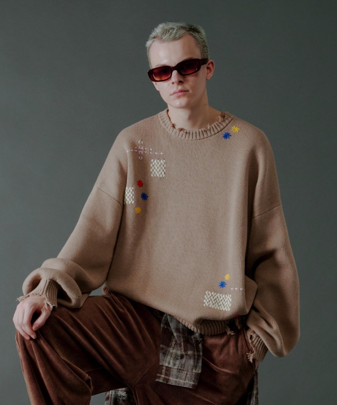 B omnivore/ビーオムニボー HAND STITCH CREWNECK KNIT ハンドステッチクルーネックニット