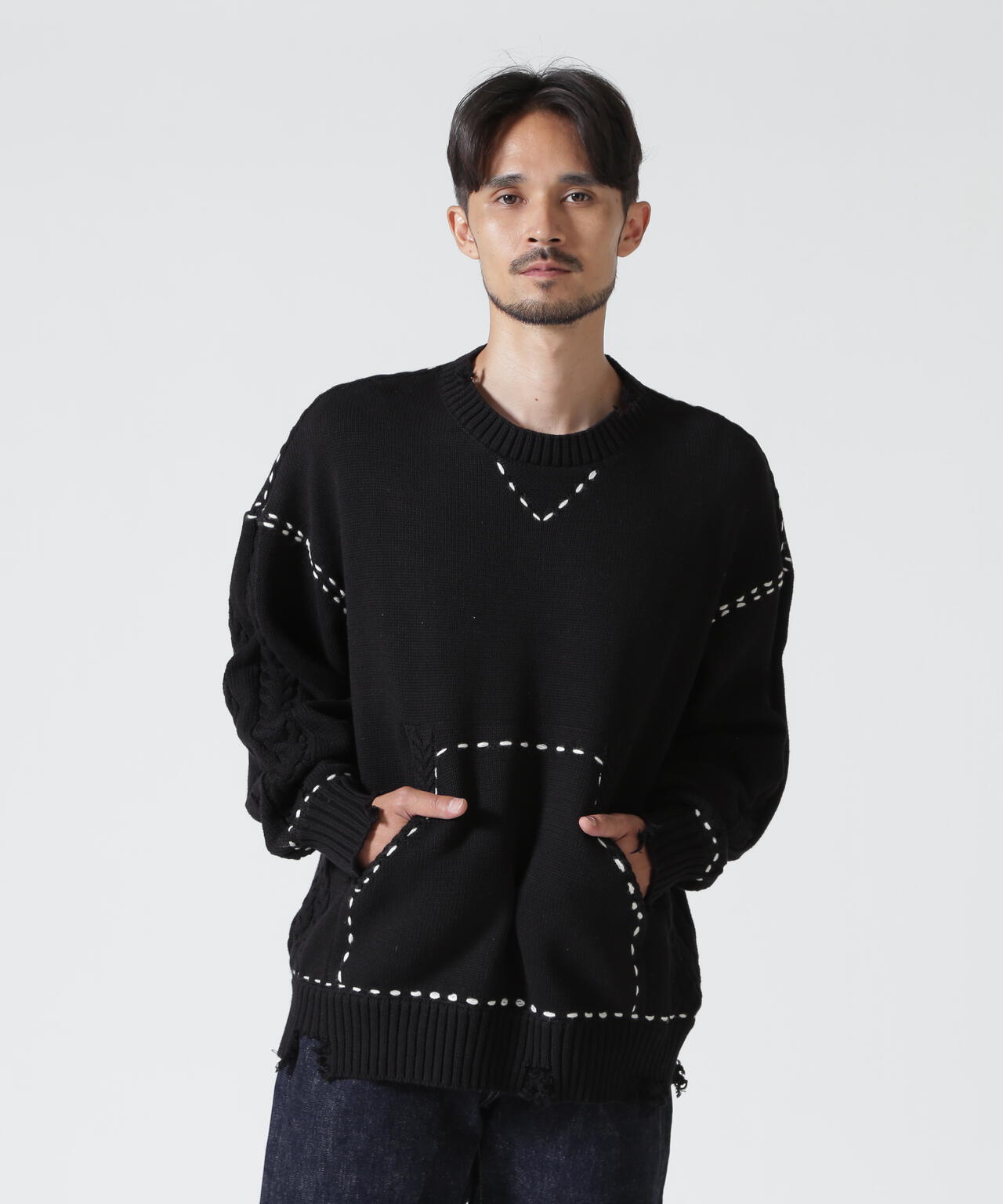 B omnivore/ビーオムニボー HANDSTITCH CABLE KNIT CREWNECK ハンドステッチケーブルニットクルーネック